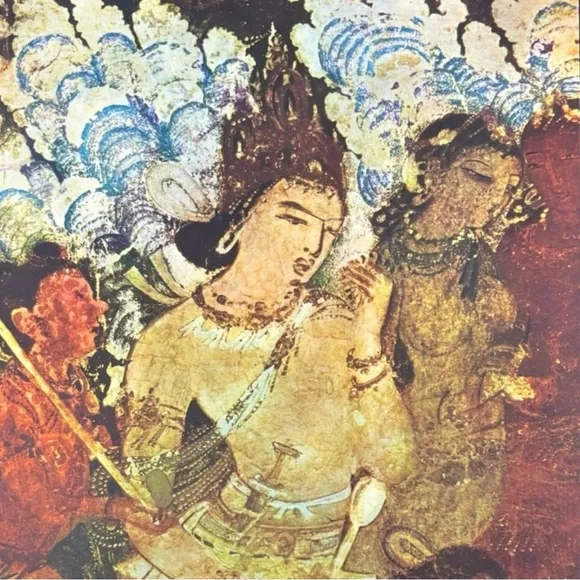 Indra, King of Heaven Original Antique Vintage Fine Art INDIA Print Ajanta Caves